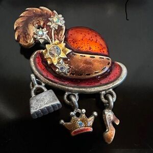 Vintage AJMC Red Hat Society Brooch Pin Bling with Charms